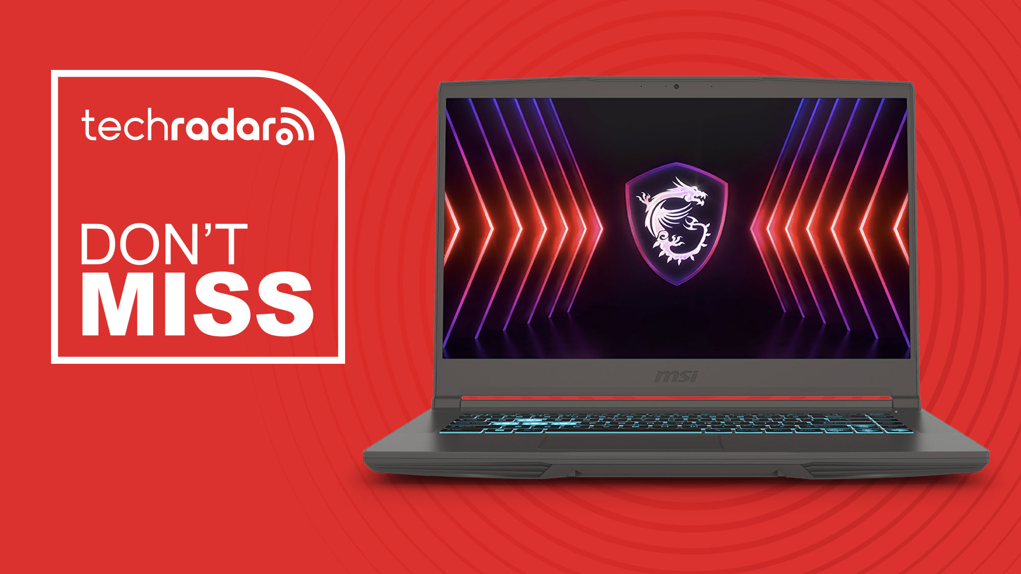 MSI Thin 15.6 gaming laptop on red background with TechRadar don't miss sign
