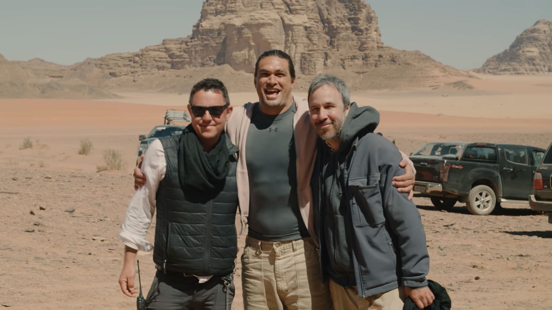 Greig Fraser, Jason Momoa and Denis Villeneuve on the set of Dune