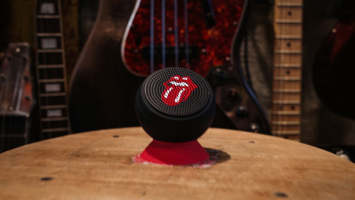 The Rolling Stones&#039; Barnacle Vibe speaker in black, in a recording studio