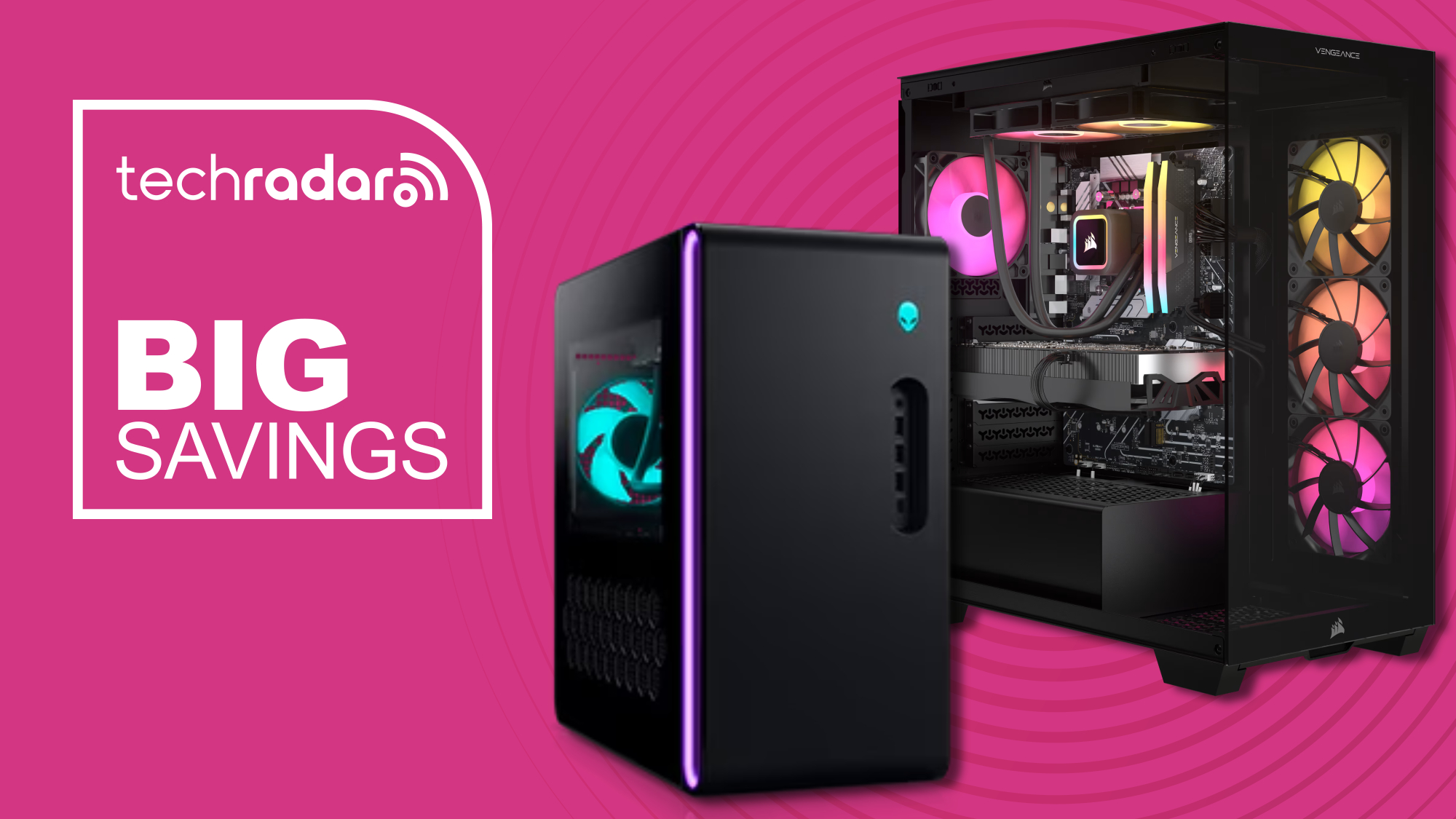 Gaming PCs against a magenta TechRadar deals background