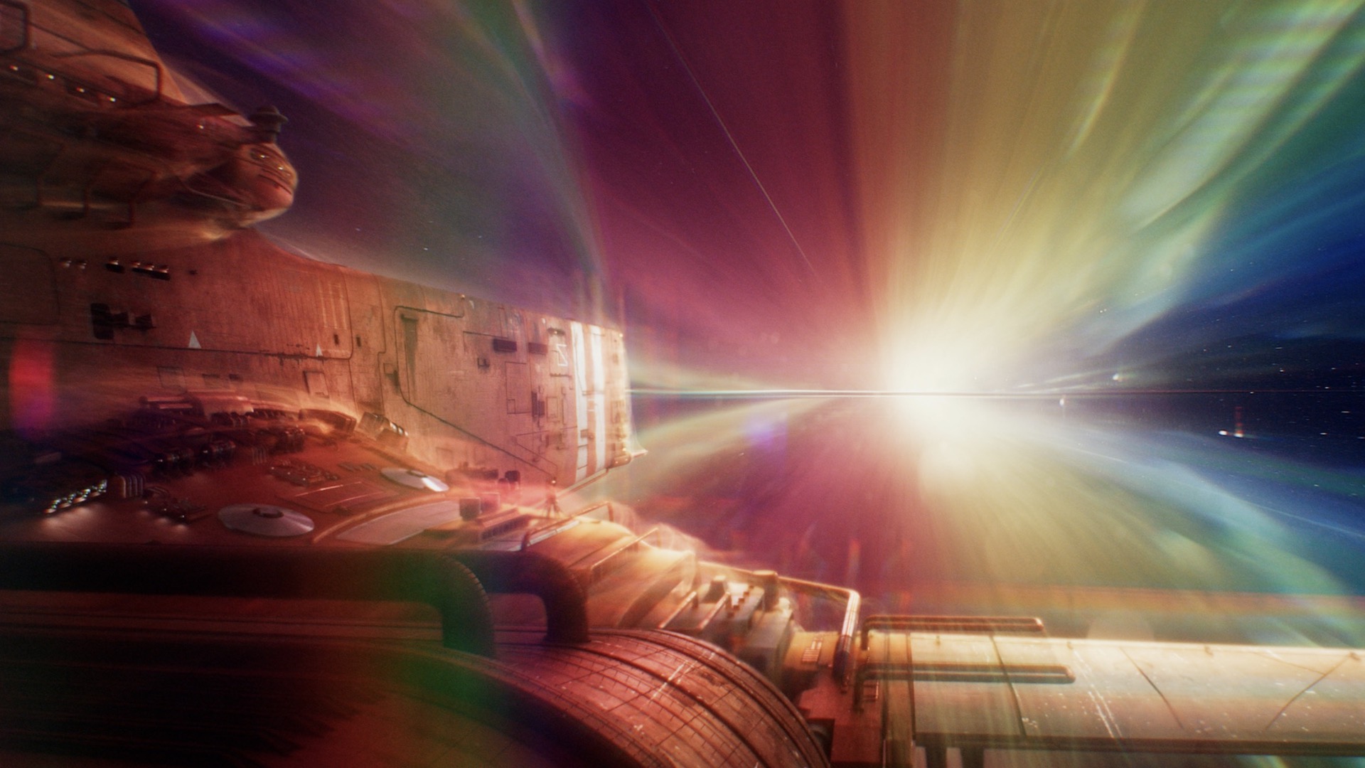 A ship flies through a technicolor nebula