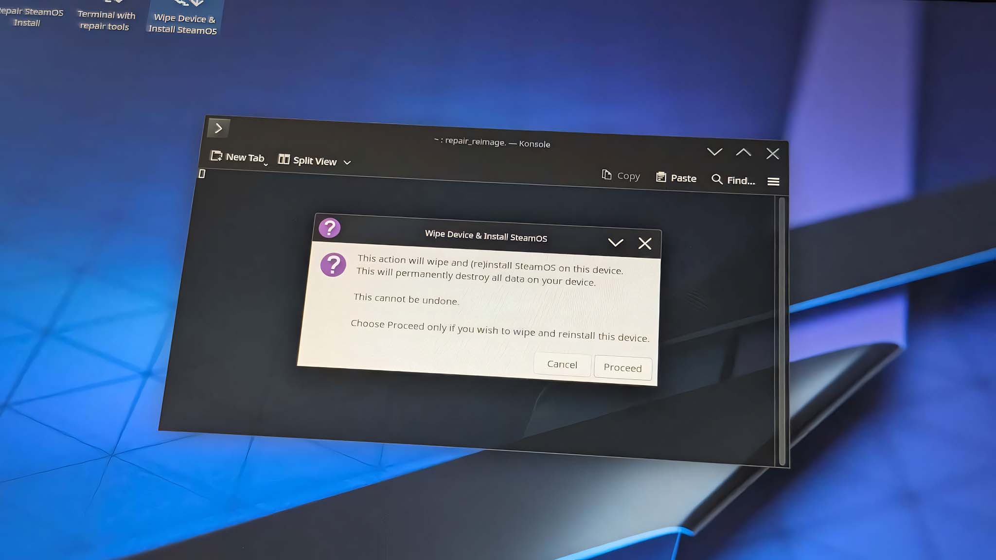 A pop up windows asking if it should proceed with reimaging on the ROG Ally.