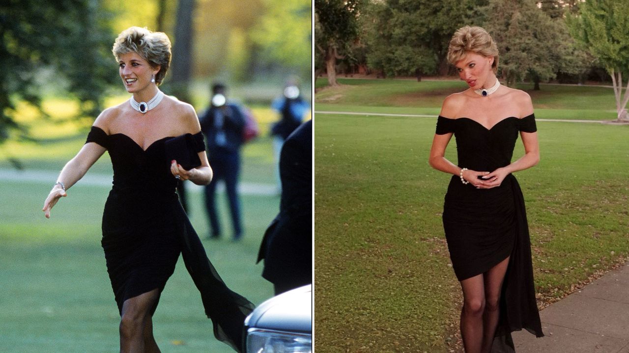 Princess Diana and Elsa Hosk in a side-by-side split showing the similarity of Hosk&#039;s Halloween costume to Princess Diana&#039;s revenge dress outfit