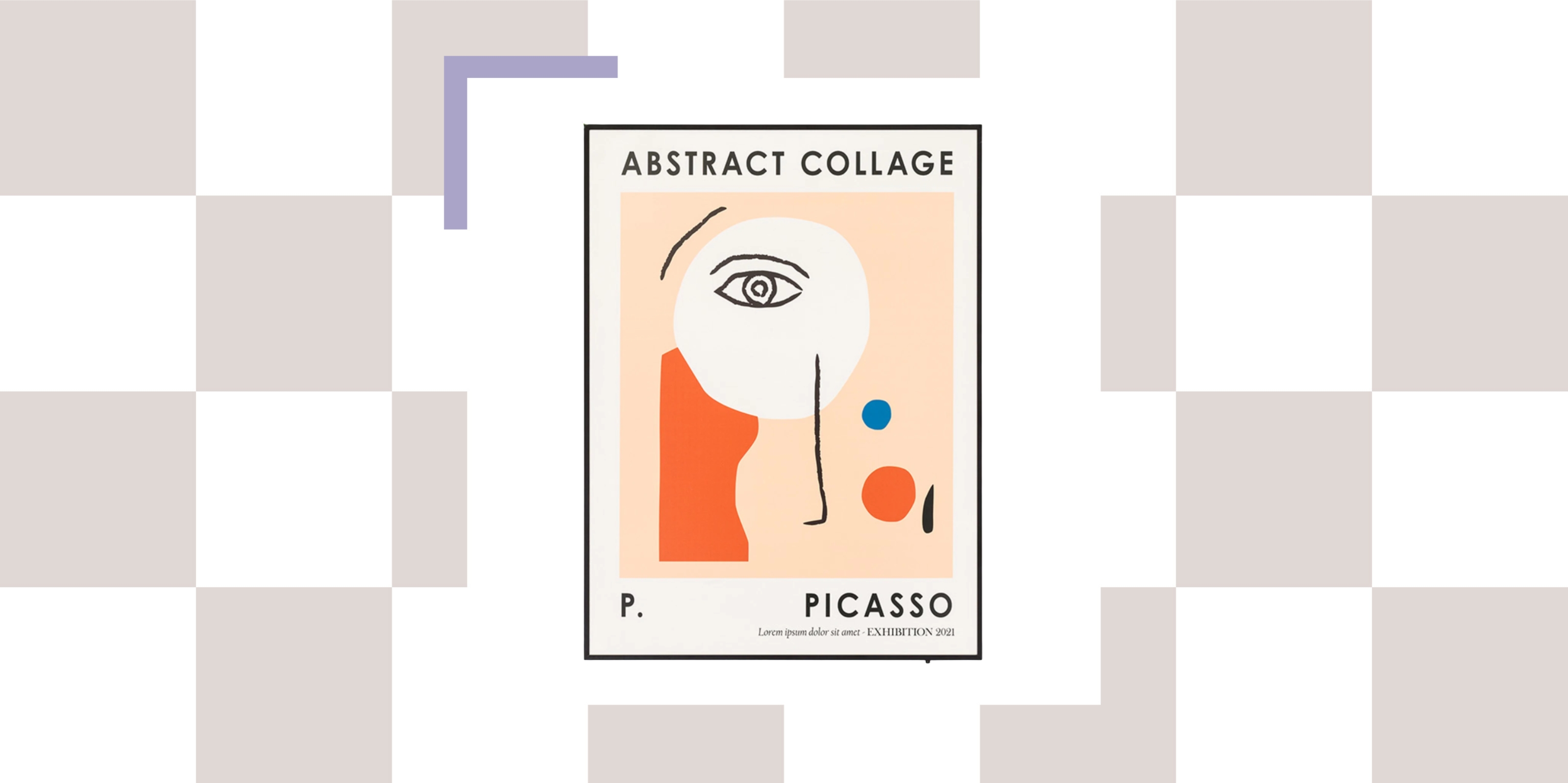 Image of a framed Picasso poster on a grayish-purple and white checkerboard background.