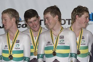 (l-r): Australian teams pursuit gold medallists Cameron Meyer, Luke Durbridge, Rohan Dennis and Michael Hepburn on the podium in Melbourne.