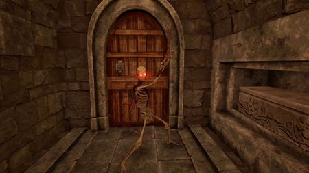 A skeleton brandishes a sword.