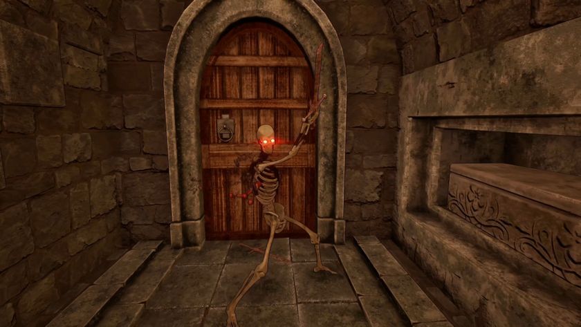 A skeleton brandishes a sword.