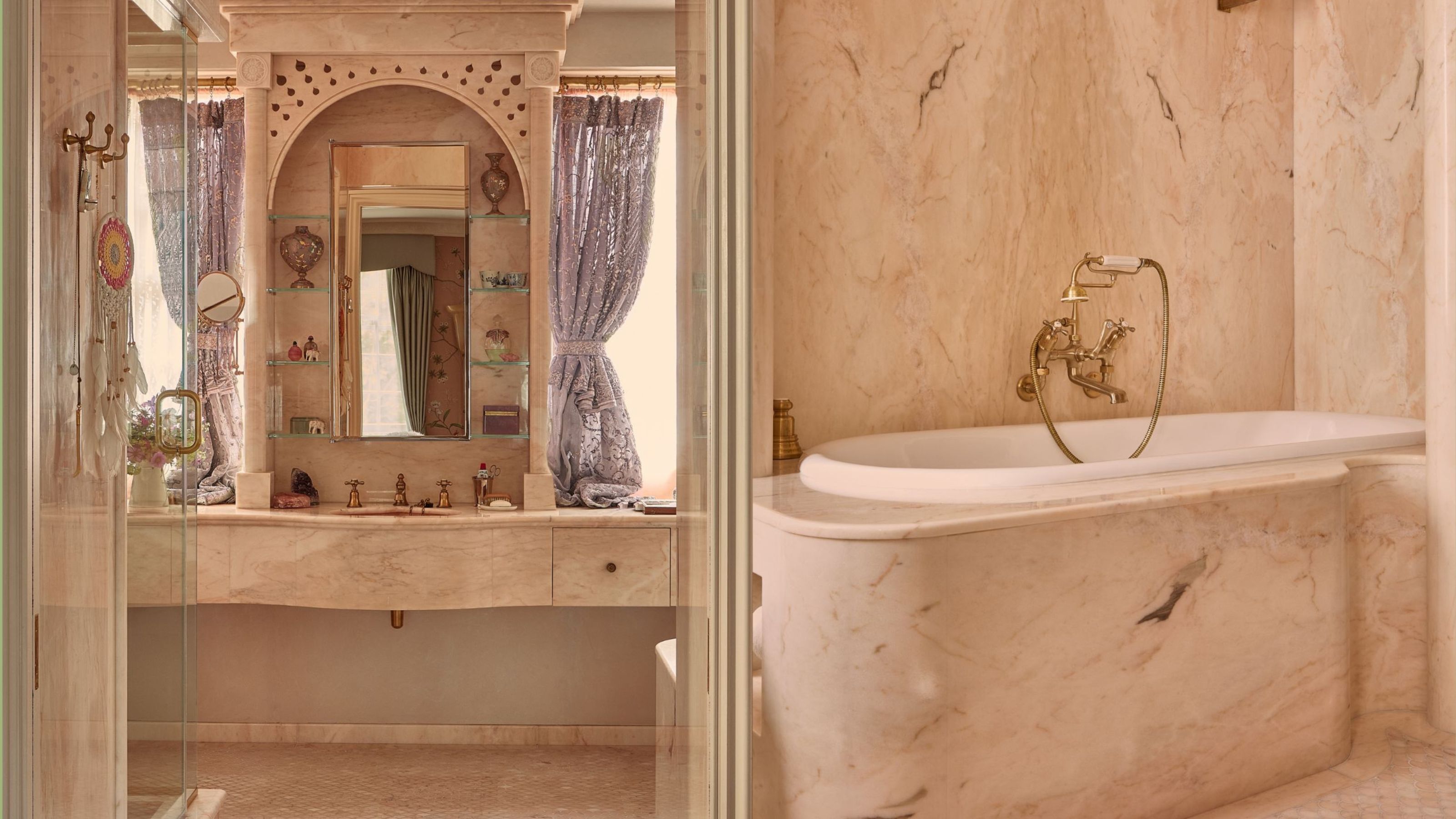 A shot of a bathroom from two different angles - in one shot you can see the bathroom vanity and another shot is a close up of a bathtub