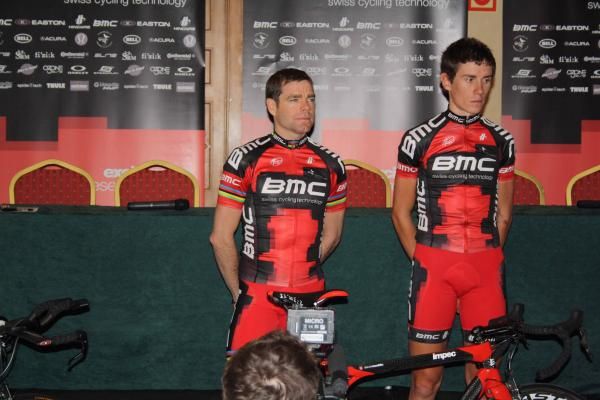 Australians to the fore. Cadel Evans and Tim Roe meet the public at the BMC team presentation.