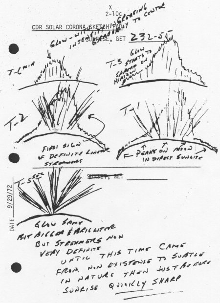 This sketch by Apollo 17 astronauts depicts the lunar twilight rays caused by the moon's exosphere.