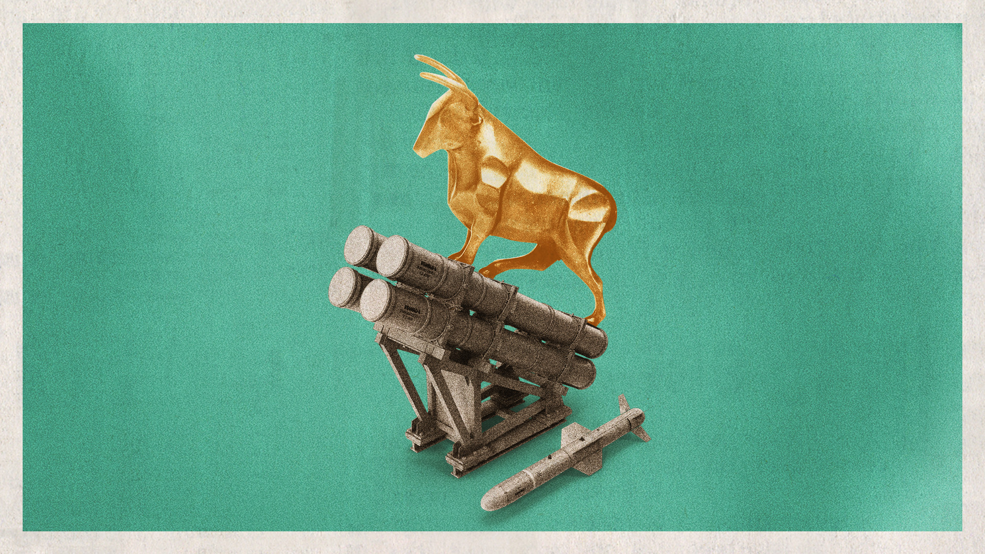 Photo collage of a golden bull standing on a missile launcher