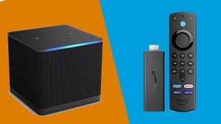 The Amazon Fire TV Cube over an orange background and the Fire TV Stick over a blue background