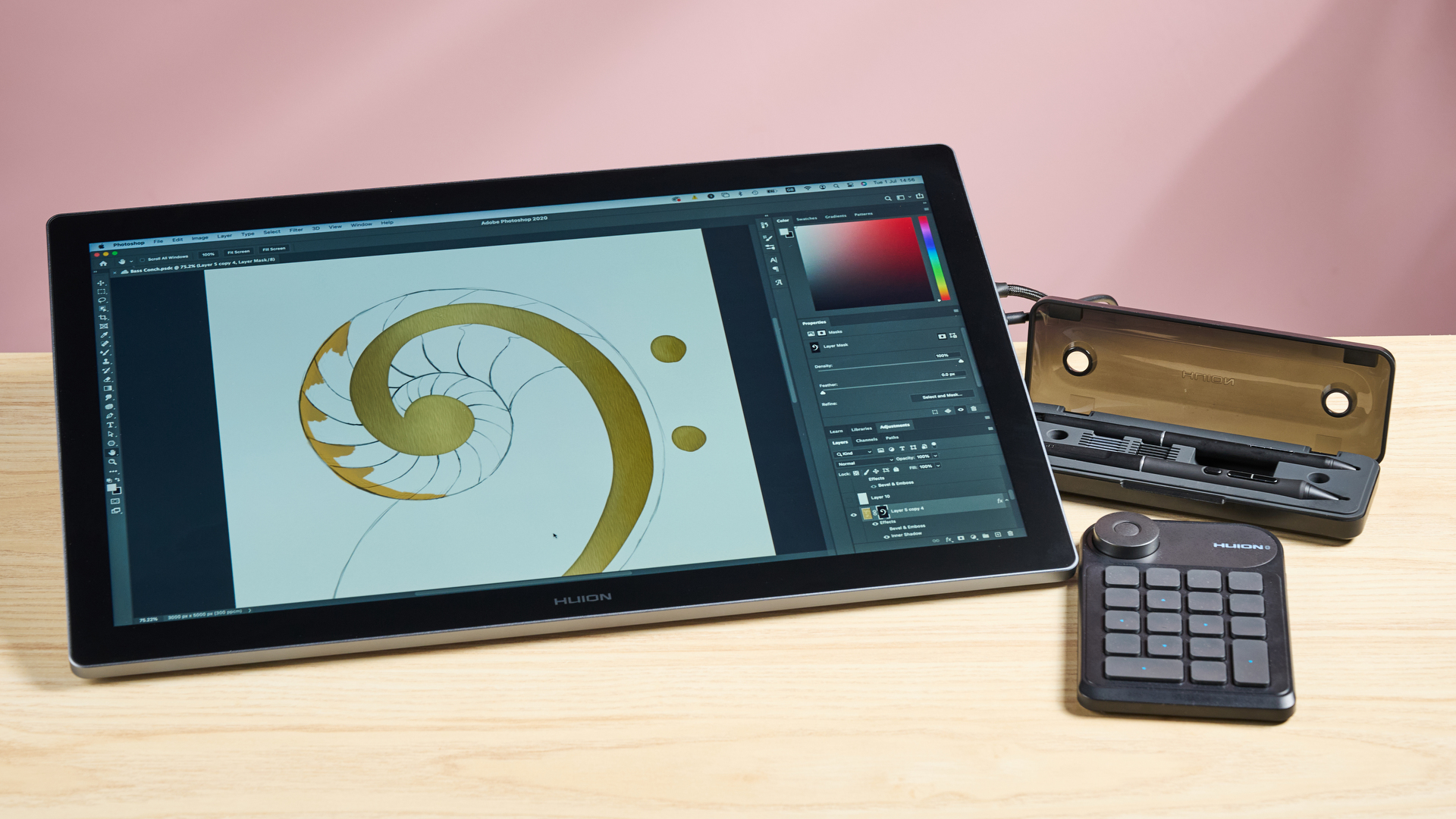 An image of a nautilus shell on the Huion Kamvas Pro 19, in front of a pink background.