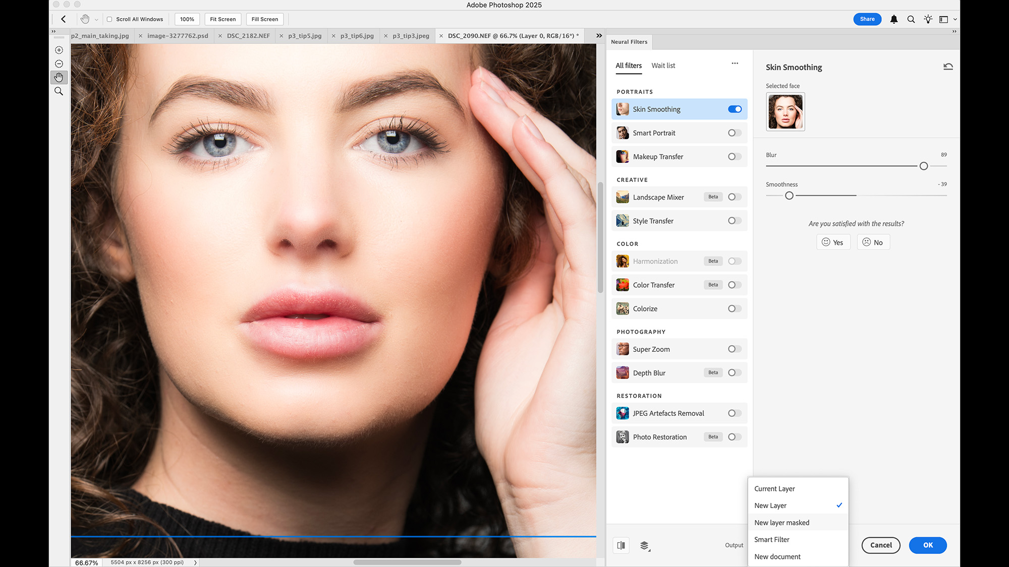 Photoshop screenshot of close-up portrait of model by James Paterson