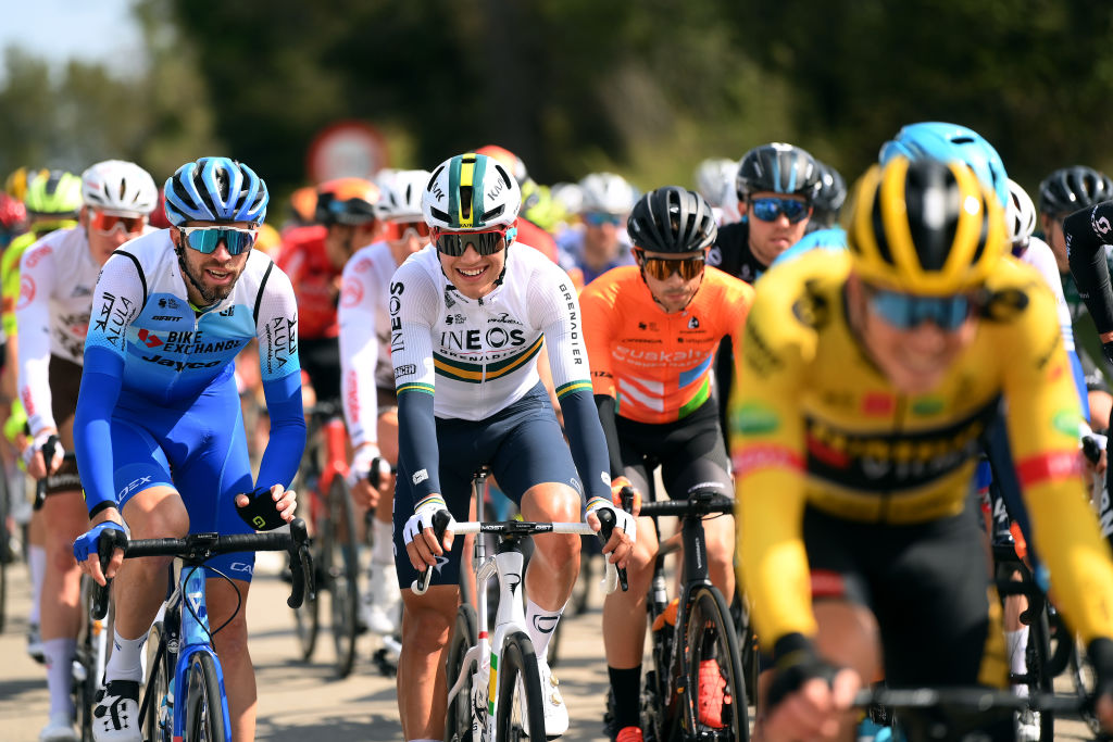 PERPIGNAN FRANCE  MARCH 22 LR Damien Howson of Australia and Team BikeExchange  Jayco and Luke Plapp of Australia and Team INEOS Grenadiers compete during the 101st Volta Ciclista a Catalunya 2022  Stage 2 a 2024km stage from LEscala to Perpignan  VoltaCatalunya101  WorldTour  on March 22 2022 in Perpignan France Photo by David RamosGetty Images