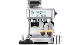 casabrews 5700 pro on a white background with coffee and the milk jug, tamper and tamp mat around it