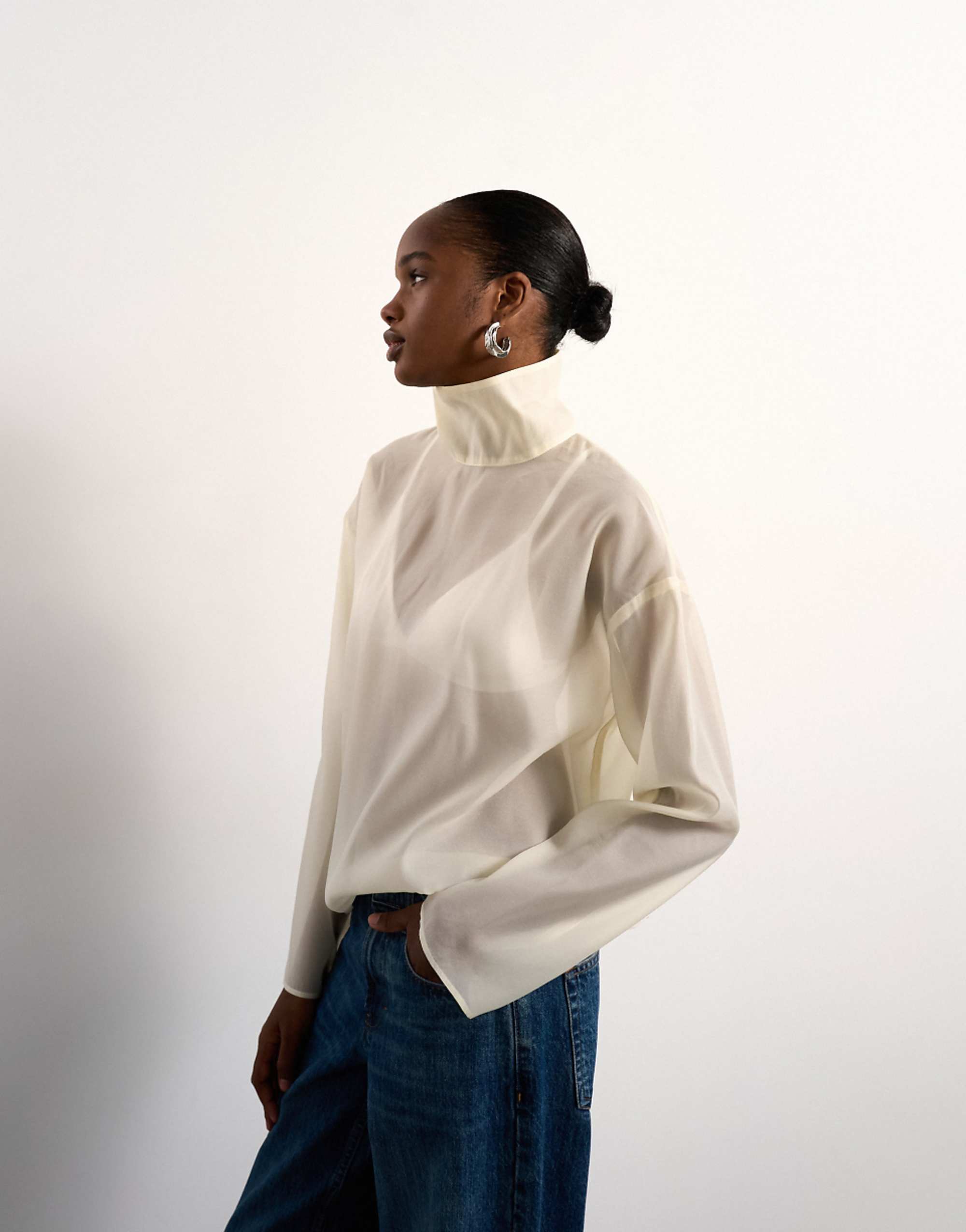 Topshop Funnel Neck Long Sleeve Organza Top in Champagne