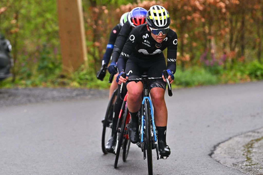 HUY BELGIUM APRIL 17 Sara Martin of Spain and Movistar Team leads the breakaway during the 27th La Fleche Wallonne Feminine 2024 a 146km one day race from Huy to Huy UCIWWT on April 17 2024 in Huy Belgium Photo by Luc ClaessenGetty Images