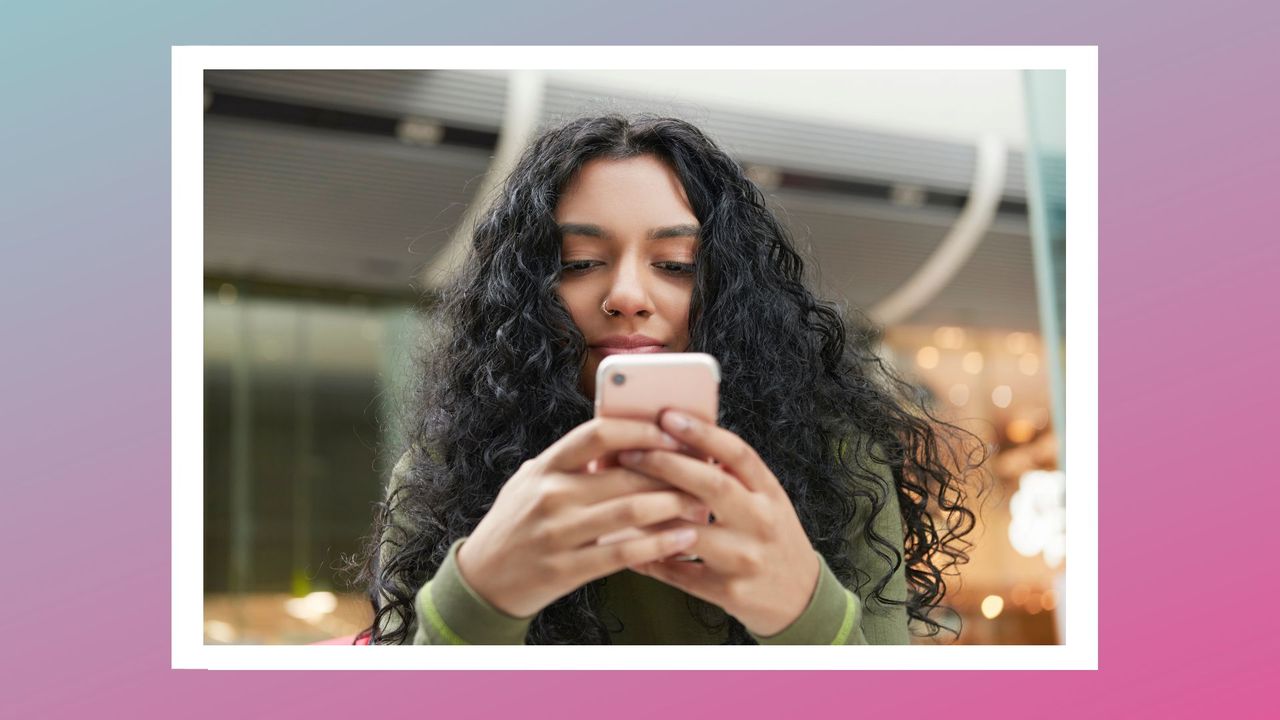 woman on phone on a pink and green background