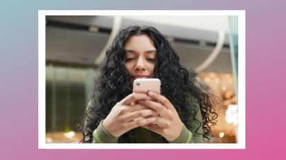 woman on phone on a pink and green background