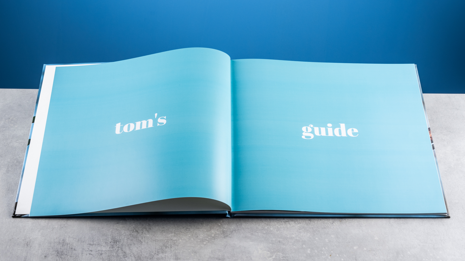 Vistaprint photo book pages photographed on a table in front of a blue background