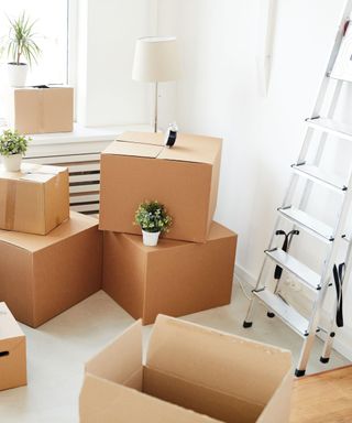 Brown moving boxes beside a ladder in a white room