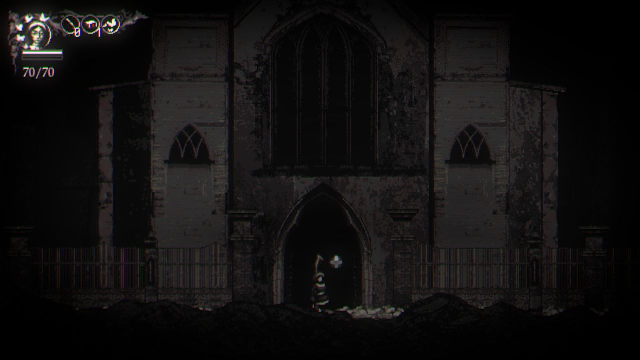 Metamorphosis standing outside darkened cathedral