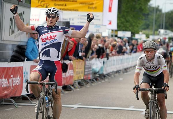 Andre Greipel (Lotto Belisol) won stage 2 of the Ster ZLM Toer ahead of world champion Mark Cavendish (Sky)