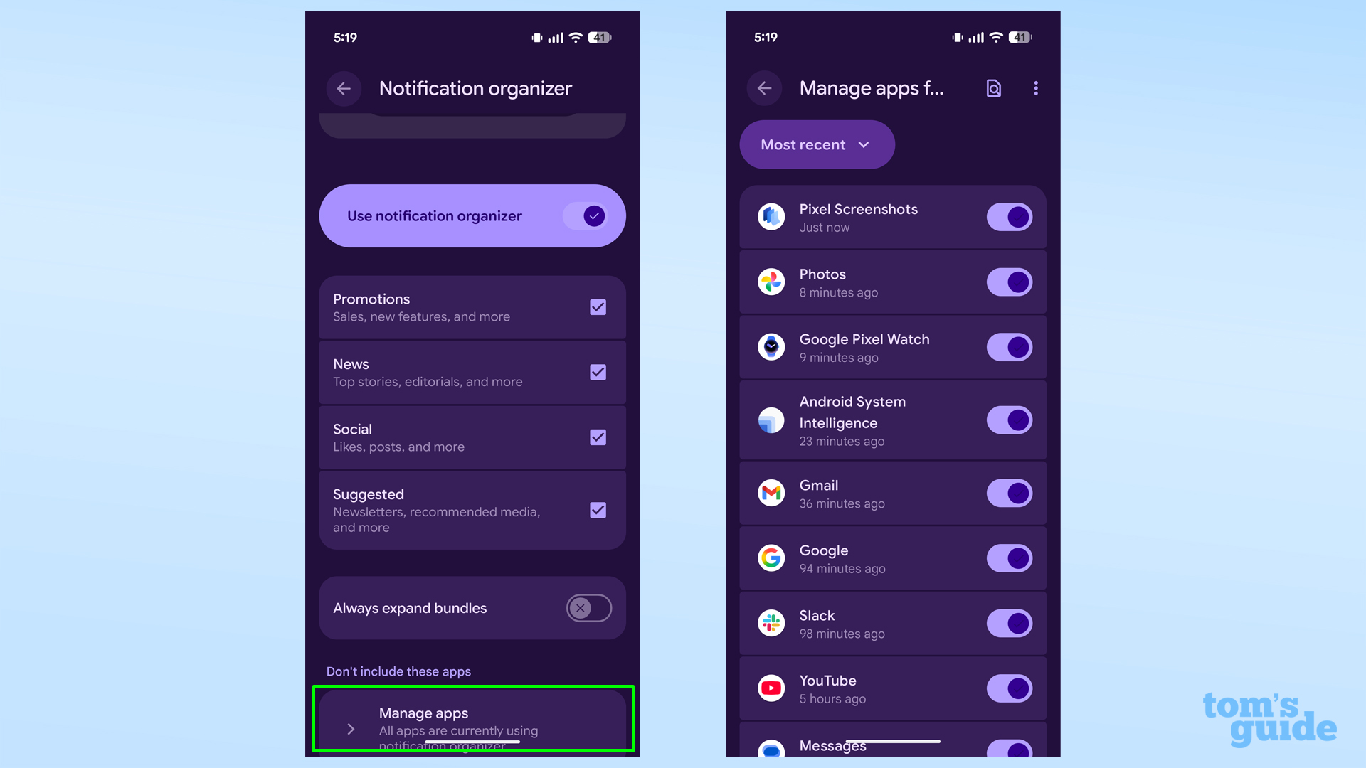 Pixel AI notification organization management options