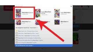 Nintendo website search bar showing games