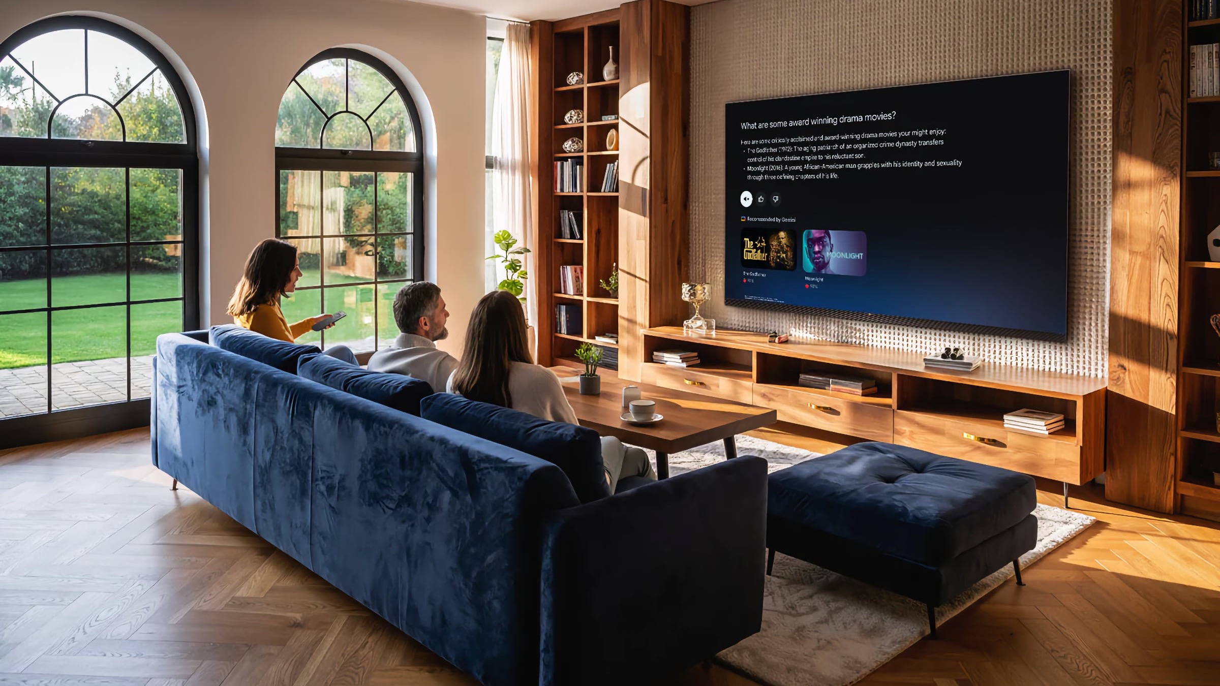 A family on a sofa watching a wall-mounted TCL X11L TV.