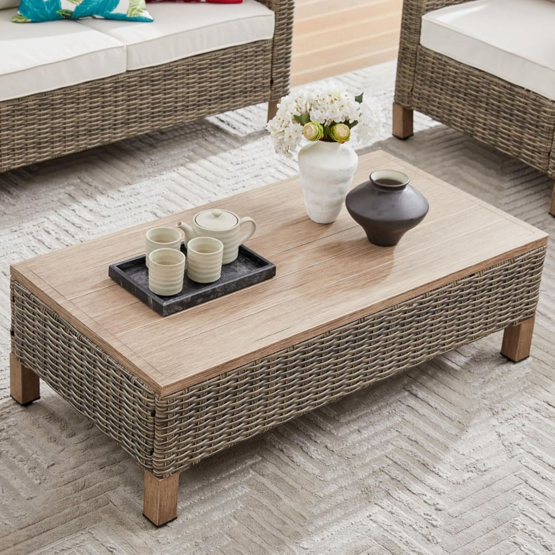 Outdoor PE Wicker Coffee Table with Metal Top
