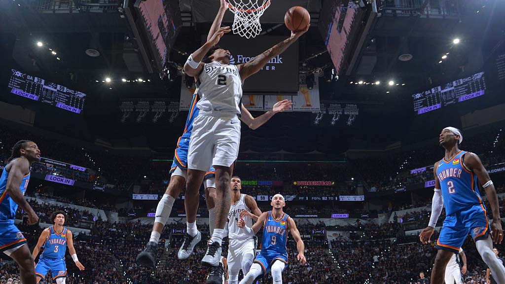 Dylan Harper #2 of the San Antonio Spurs drives to the basket during the game against the Oklahoma City Thunder on October 20, 2026 at the Frost Bank Center in San Antonio, Texas.