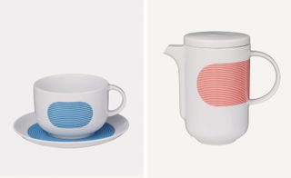 red and blue designed tableware