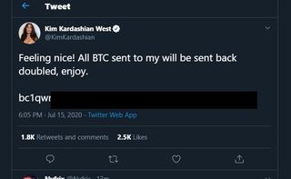A scam tweet posted on Kim Kardashian's Twitter account.