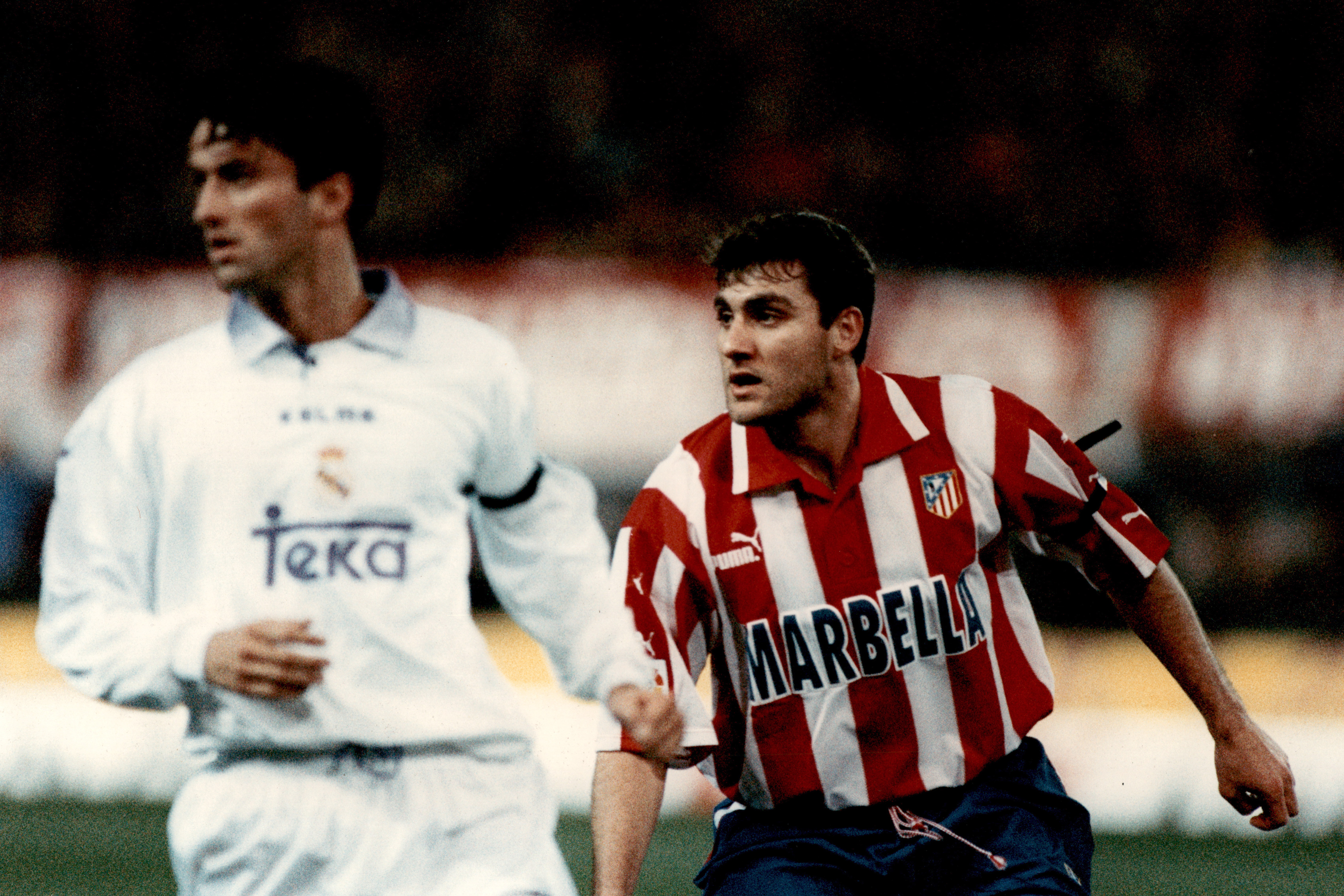 Italian footballers Christian Panucci and Christian Vieri in action for Real Madrid and Atletico in a derby match in 1998.