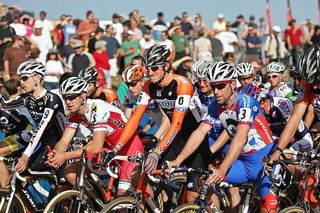Racers on the start line at a cyclo-cross race in Boulder in 2008.