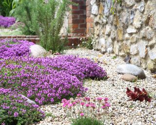 flower beds dressed with pebbles and cobbled wall detail