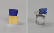 Brooch in molded, pressed, folded and stippled gold sheet with applied pigment and kinetic ring in silver and acrylic