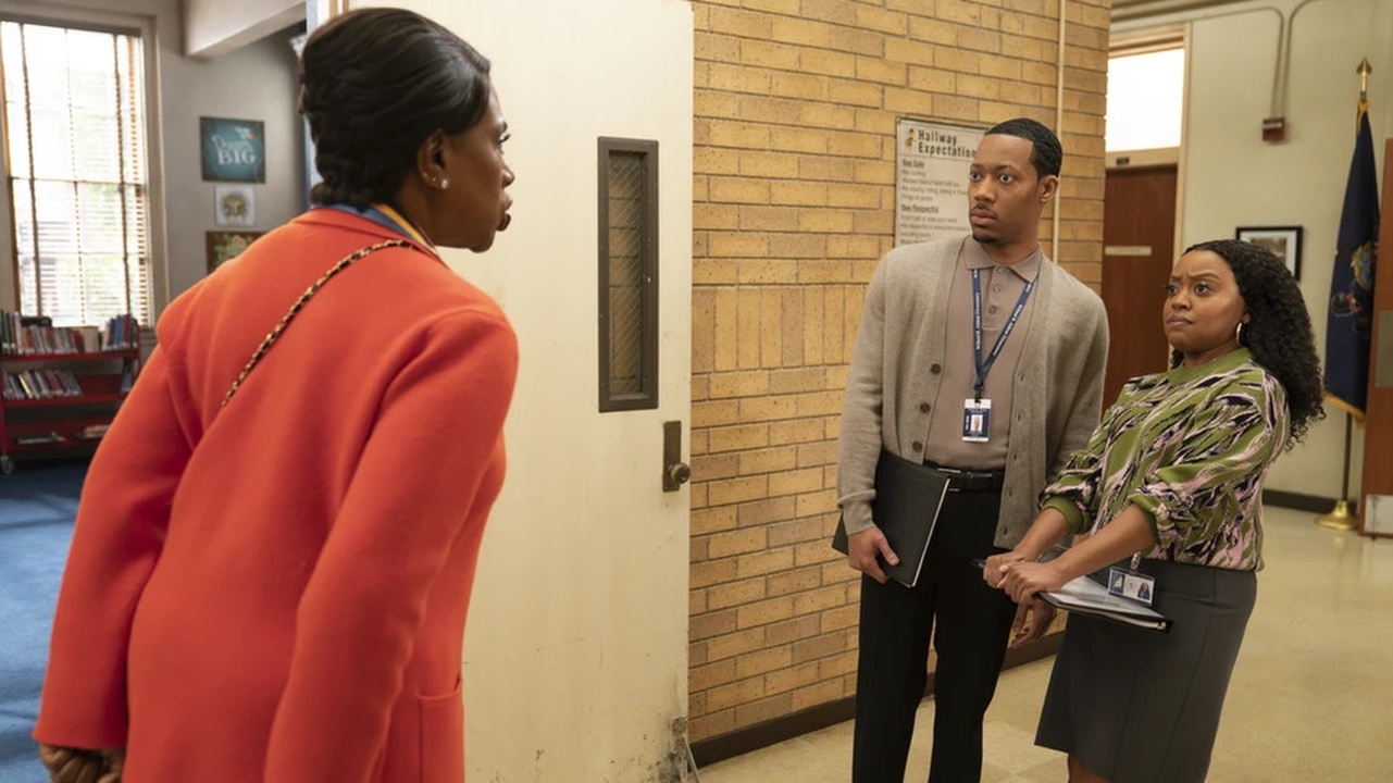 Tyler James Williams and Quinta Brunson react in Abbott Elementary season 5