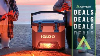 People with Igloo cooler drinking beers around beach fire