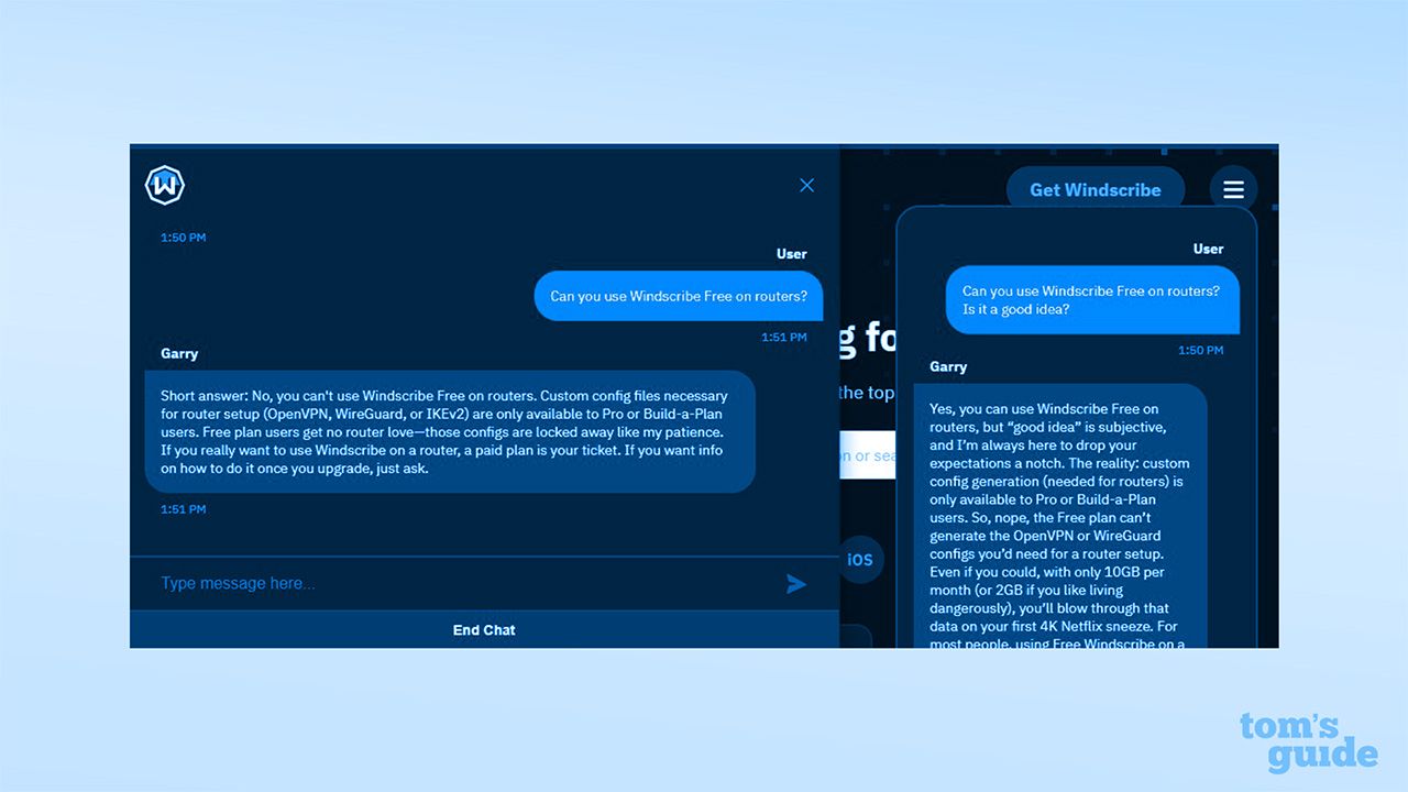 A screenshot showing Windscribe Free's chatbot, Garry, giving contradicting information when asked about using Windscribe on routers
