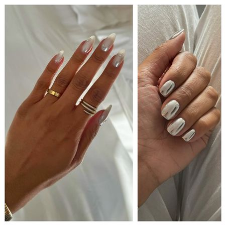 two hands with silver chrome nails wearing a silver and gold watch with a gold ring, silver ring, and tan skin