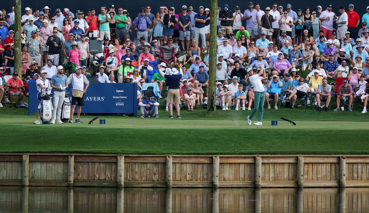 Chris Kirk strikes tee shot on the 17th hole at TPC Sawgrass