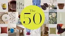 a collage of homewares with a large yellow circle in the middle that says 'The 50'