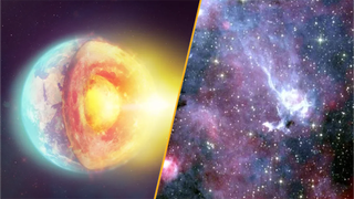 Split image of the Earth's core and strange signals coming from deep space