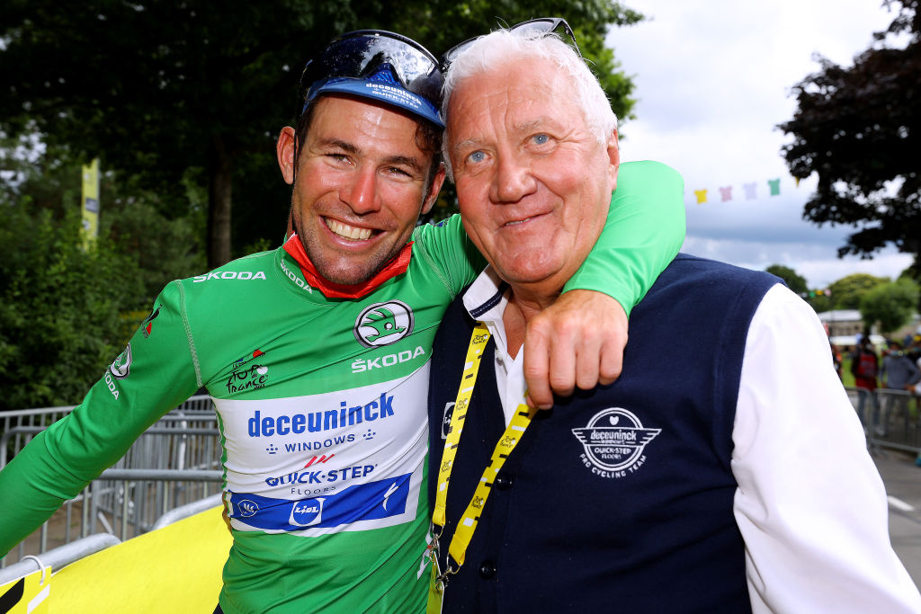 FOUGERES FRANCE  JUNE 29 Mark Cavendish of The United Kingdom and Team Deceuninck  QuickStep stage winner  Green Points Jersey  Patrick Lefevere of Belgium CEO Team manager of Deceuninck  QuickStep celebrate at arrival during the 108th Tour de France 2021 Stage 4 a 1504km stage from Redon to Fougres  LeTour  TDF2021  on June 29 2021 in Fougeres France Photo by Tim de WaeleGetty Images