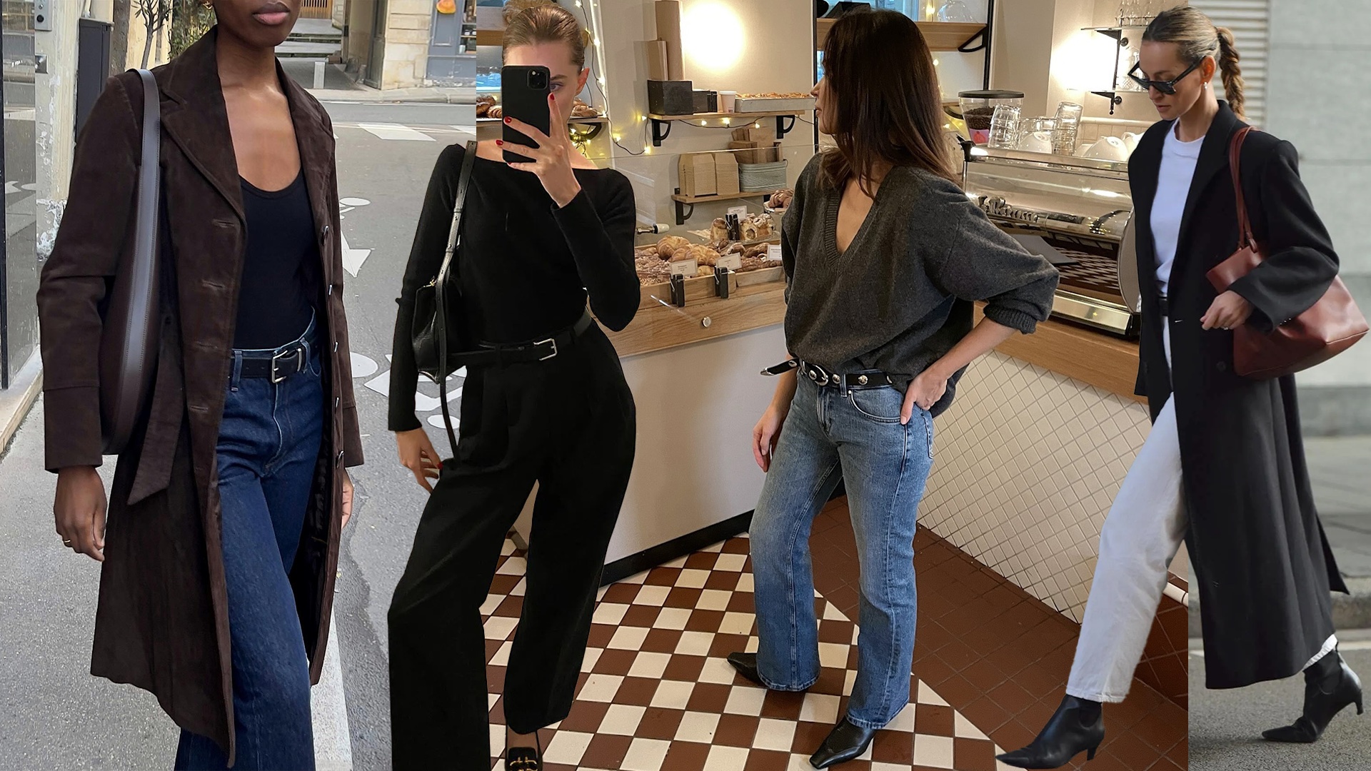 fashion collage of four style influencers Sylvie Mus, Christie Tyler, Johanna Piispa, and Anouk Yve wearing elevated winter basics for 2026 like dark-wash jeans-boatneck tops, V-neck sweaters, and black kitten-heel boots 