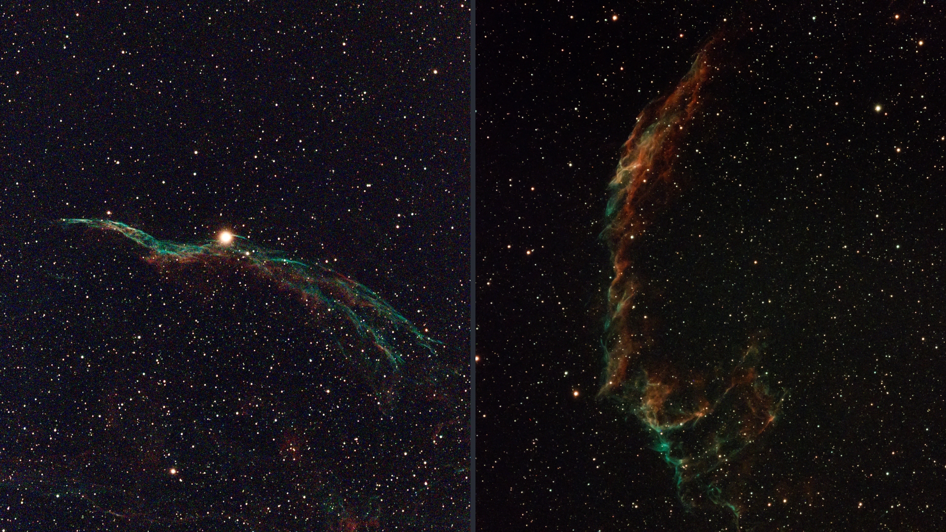 two panel image on the left is a wispy nebula taking on the shape of a witches broom and on the right is another wispy nebula glowing red and blue