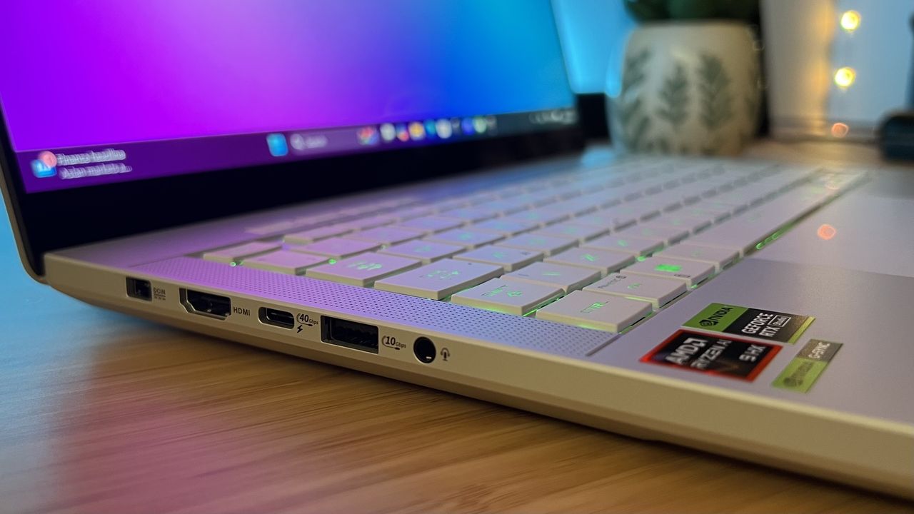 Left side of Asus ROG Zephyrus G14 gaming laptop showing power, HDMI, USB-4, USB-A, and 3.5mm audio ports